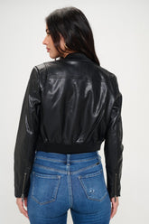 Zip Up Vegan Leather Cropped Bomber Jacket Coalition LA